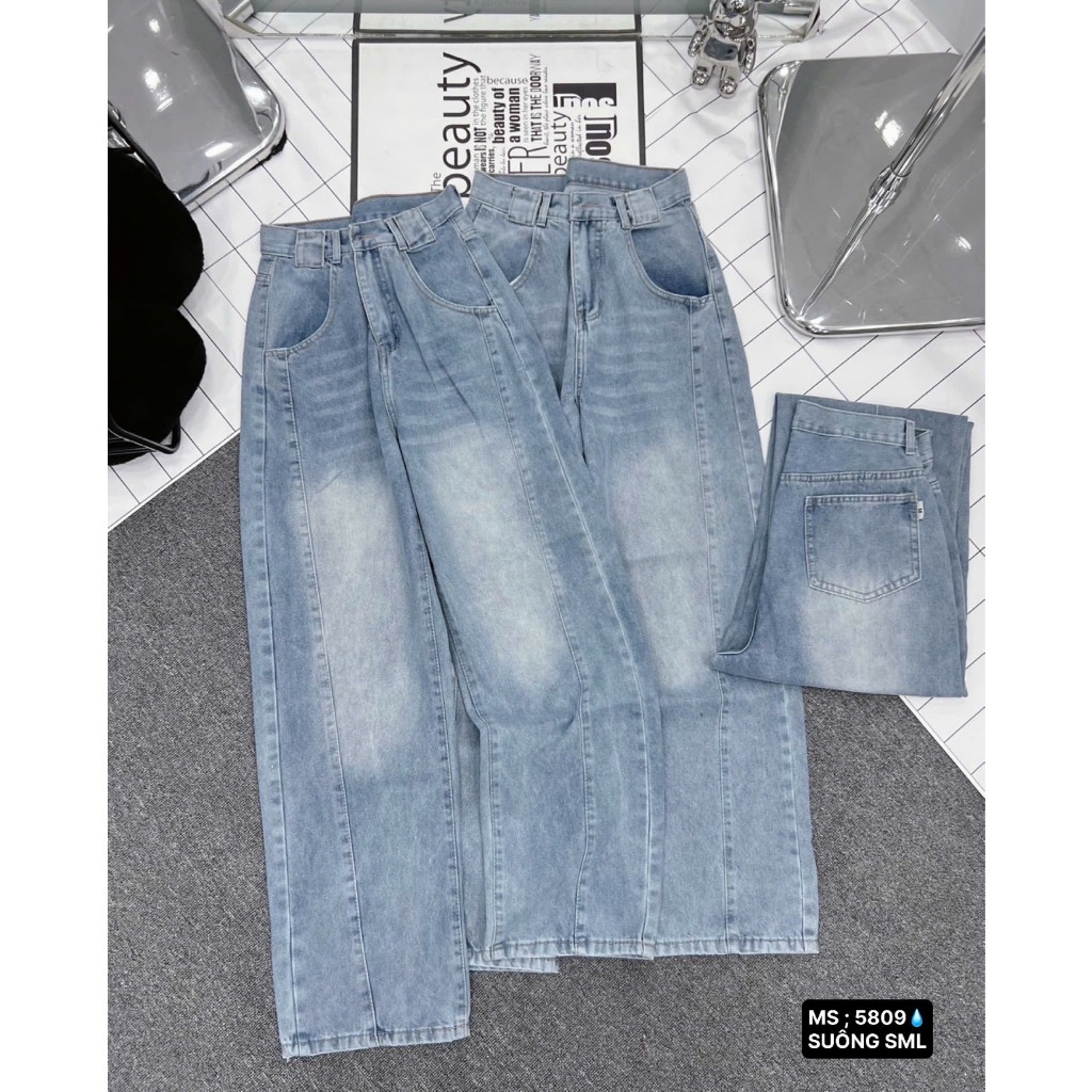 [Pamela Clothing] Quần jeans suông trơn lưng cao