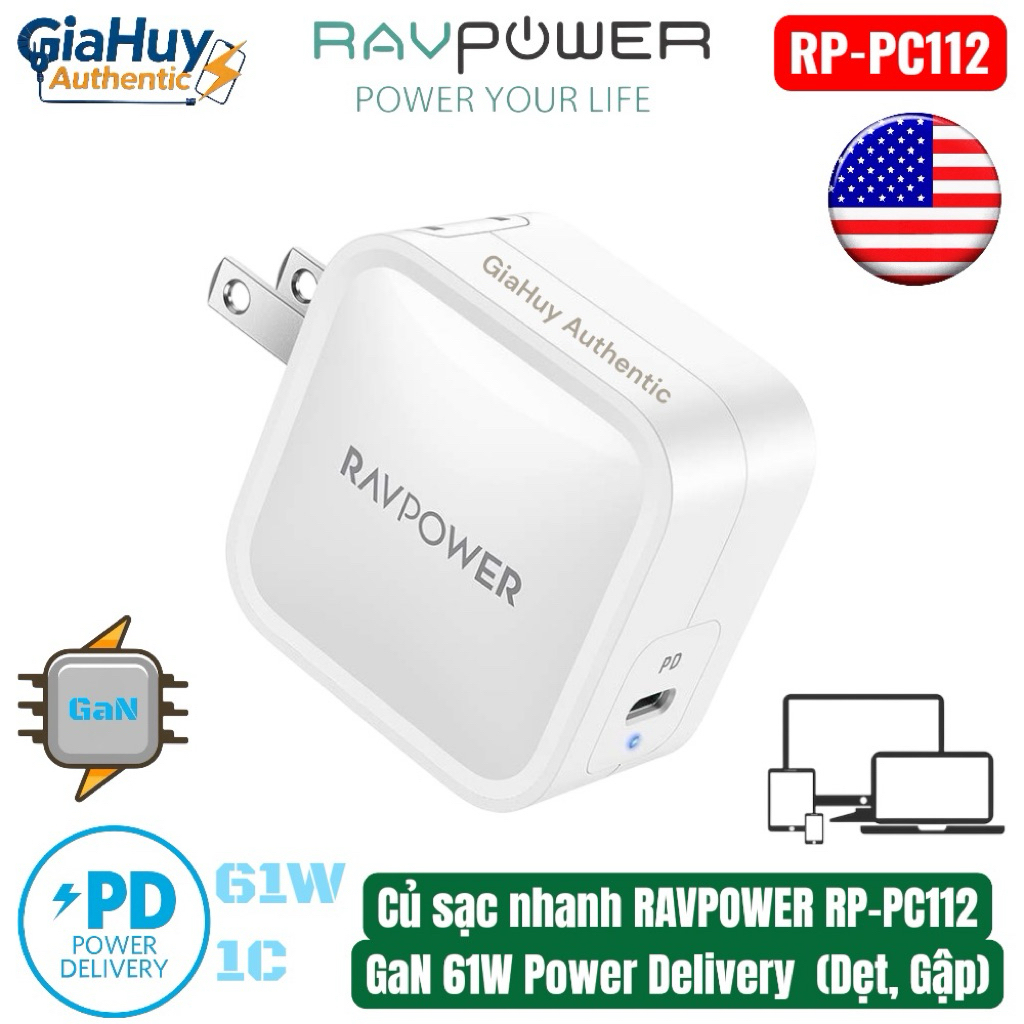 [Bản Quốc Tế] Củ sạc nhanh RAVPOWER RP-PC112 PD 3.0 61W GaN Tech