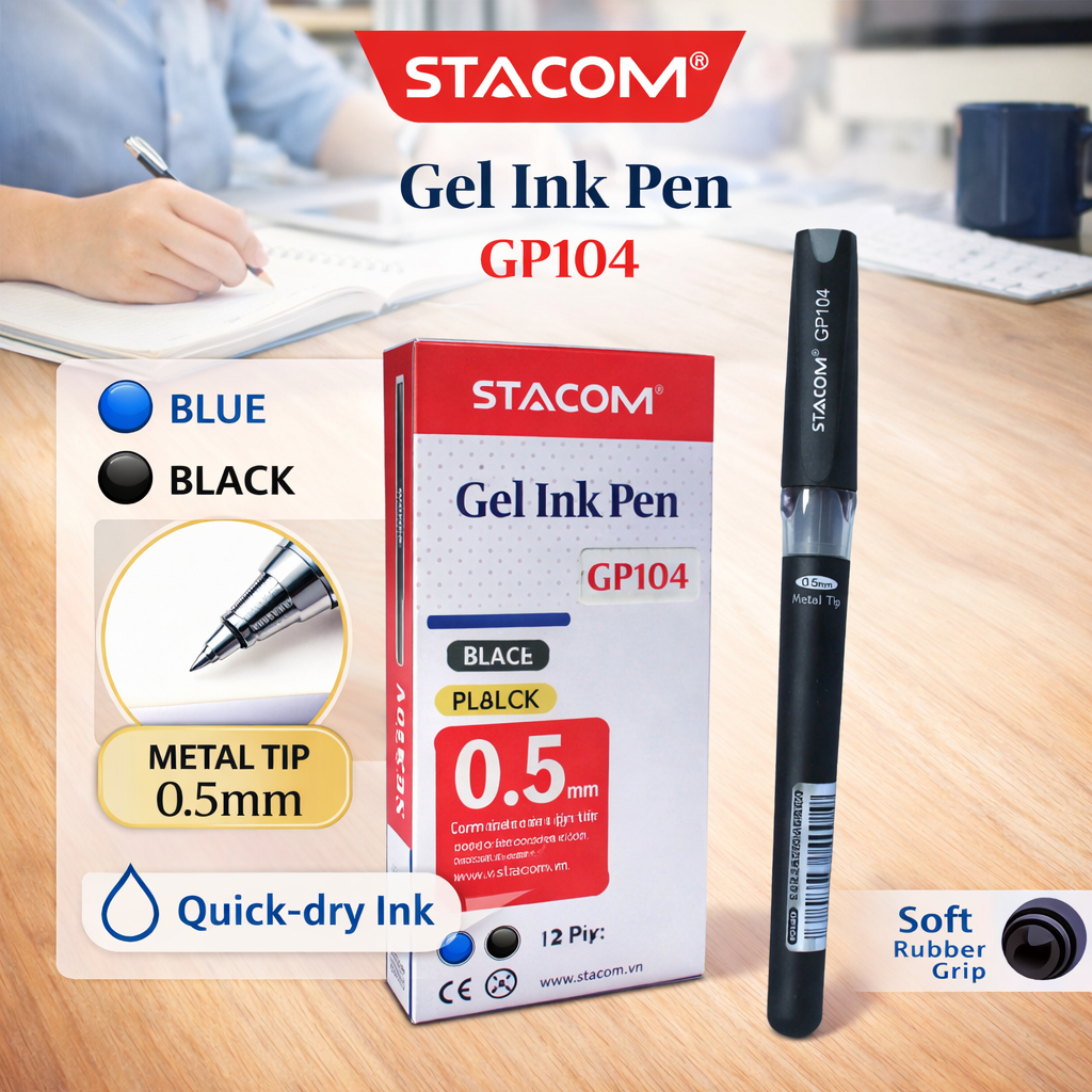 [Giảm SỐC] Bút bi mực gel đầu bi 0.5mm, mực siêu mượt, màu xanh / đen | Stacom GP104