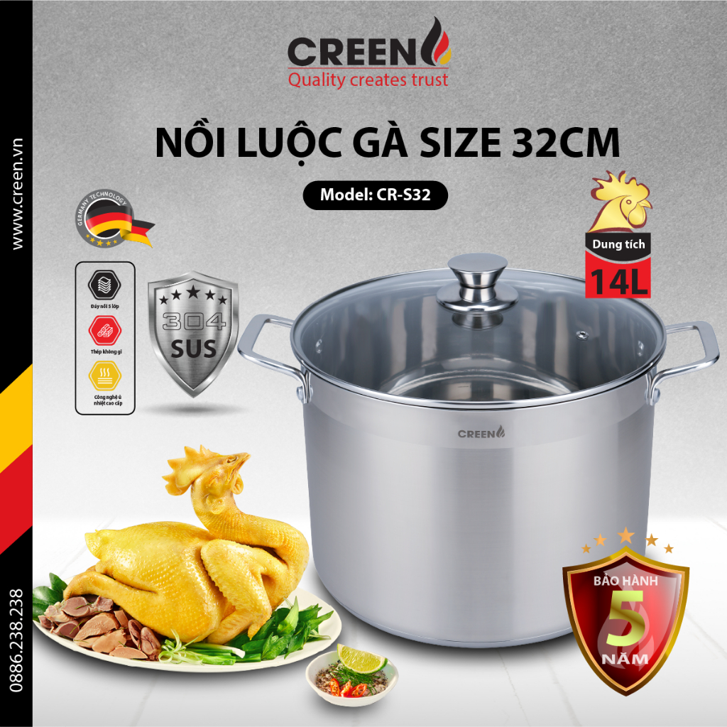 [Giảm 12% SPayLater] Nồi luộc gà cao cấp inox 304 5 đáy CREEN CR-S28&32-Bảo hành 12 tháng