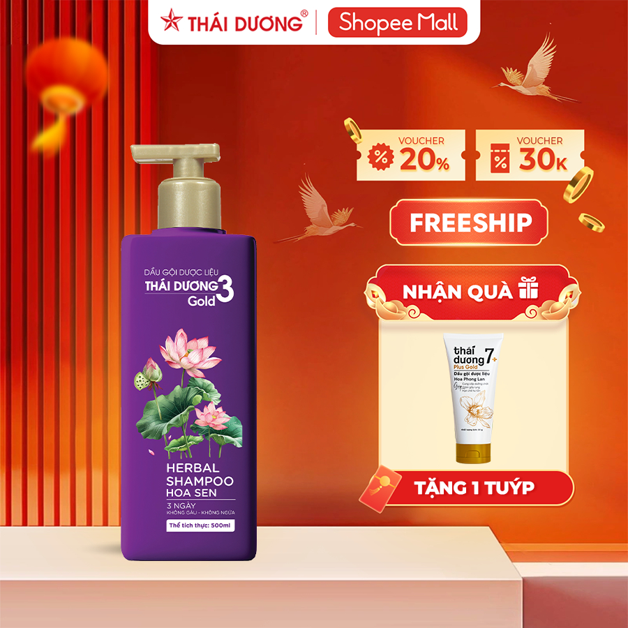 [Live ]  Dầu gội dược liệu Thái Dương 3Gold Hoa sen 500ml dành cho tóc thường,khô tặng gội/tắm Thái Dương 7 Plus 50ml