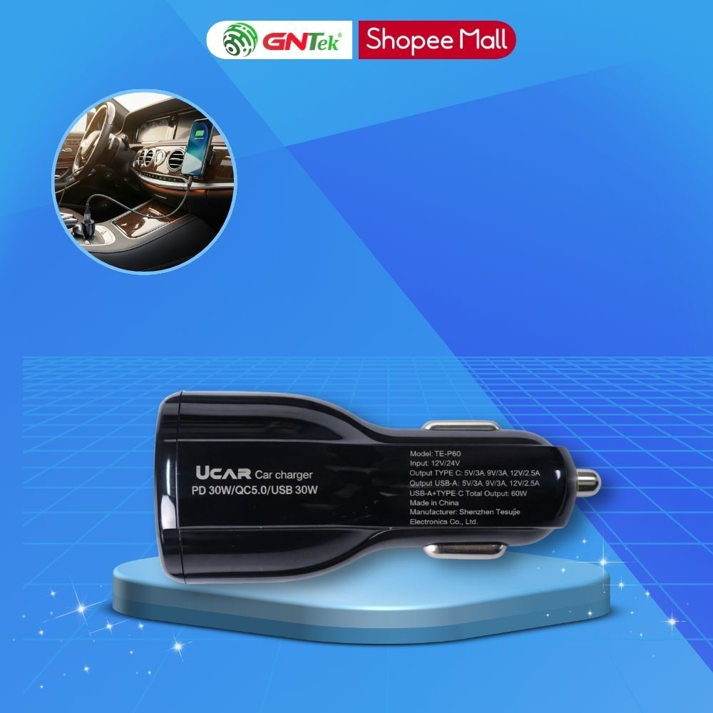 Tẩu Sạc Nhanh UCAR TE-P60 60W PD3.0 QC5.0 A + C Hai Cổng USB Type-C – Giải Pháp Sạc Hiệu Quả Cho Ô T