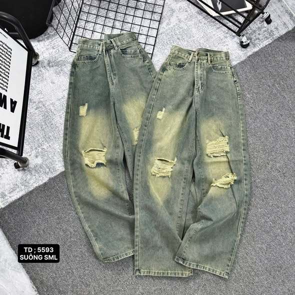 [Pamela Clothing] Quần jeans suông rách bụi lưng cao