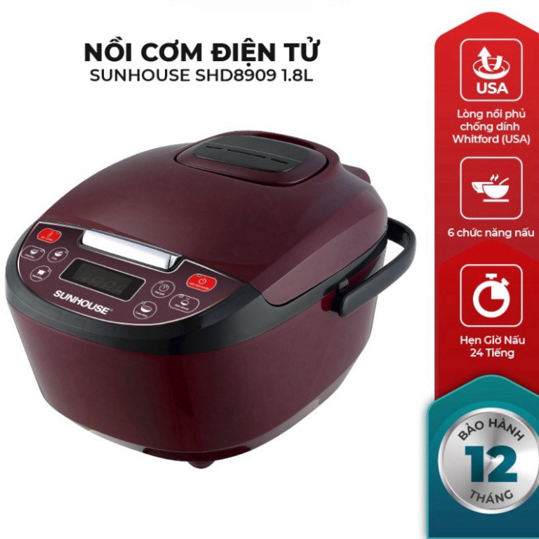Nồi cơm điện tử 1.8L Sunhouse SHD8909 | Công suất 700W | Ruột nồi 5 lớp, phủ chống dính Whitford