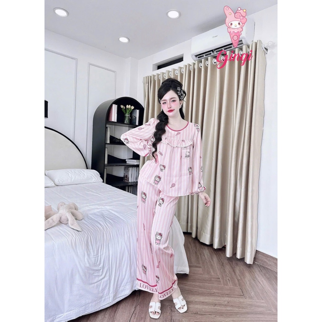 Đồ ngủ pijama quần dài thiết kế viền ren bèo (DB100)