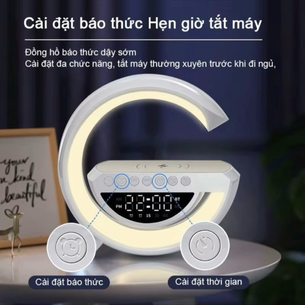 Loa Bluetooth BT3401 4in1 Chữ G – Đèn Ngủ LED RGB, Sạc Không Dây, Đồng Hồ Báo Thức, Decor Bàn Đẹp