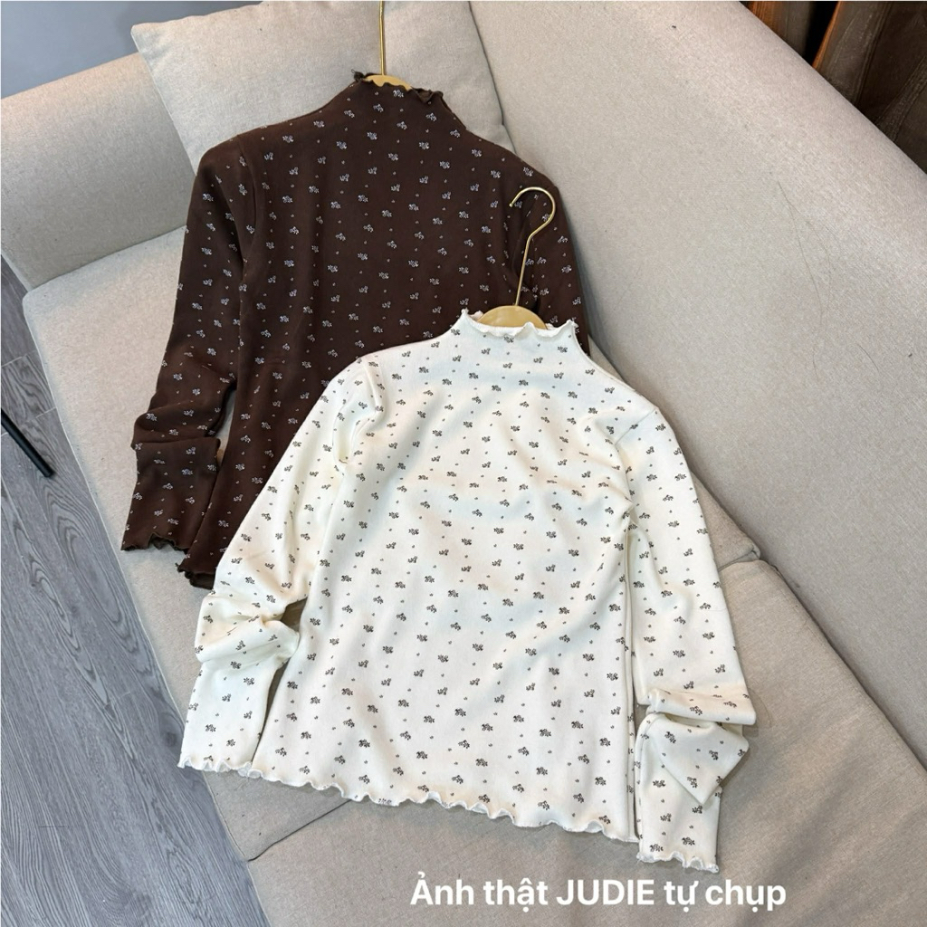 Chất LEN NHUNG QC - Áo Thun Hoa Nhí Giữ Nhiệt Cổ Bèo Chất Len Nhung JUDIE.Closet