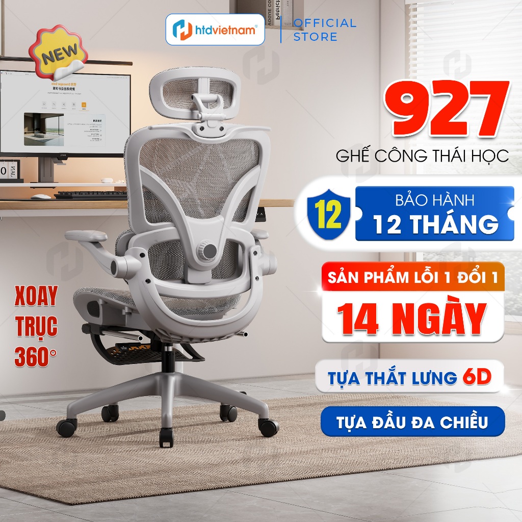 Ghế công thái học HTD 927 Pro - Ngả lưng 145°, tựa đầu 6D, full lưới nâng đỡ toàn thân