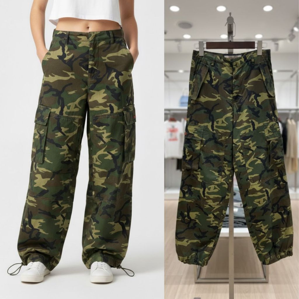 Quần Túi Hộp Rằn Ri Ống Rộng VNXK Nữ Dây Rút Gấu - Quần Baggy Lính Cạp Chun