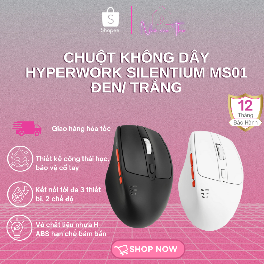 Chuột không dây HyperWork Silentium MS01 Đen/ Trắng - Bảo hành chính hãng 12 tháng