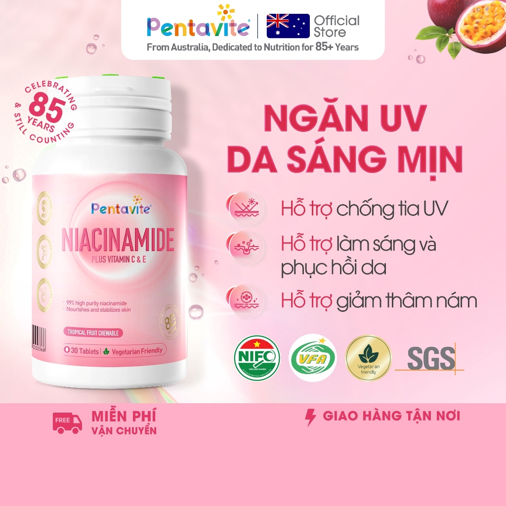 Vitamin Pentavite Niacinamide Plus Vitamin C&E viên nhai trái cây, sáng da, chống nắng, mờ thâm, đều màu da
