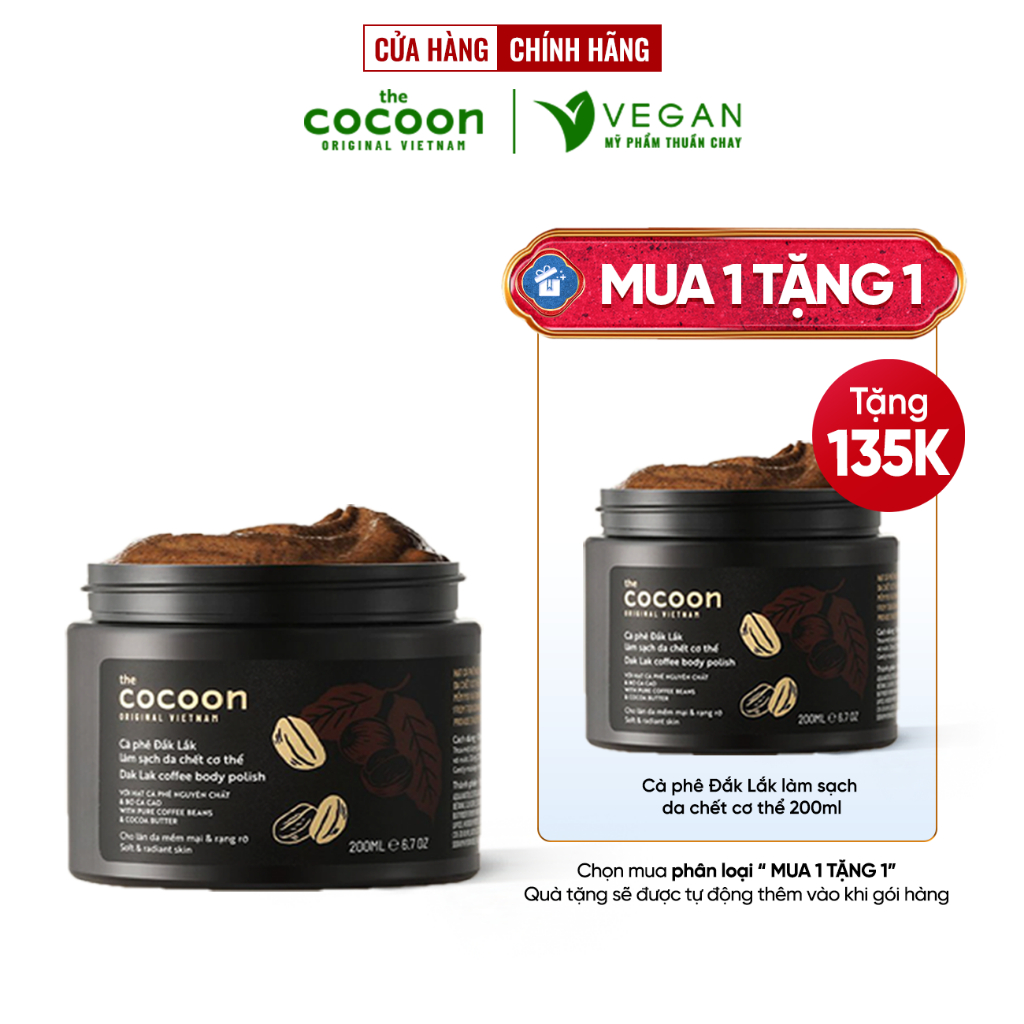 CÀ PHÊ ĐẮK LẮK LÀM SẠCH DA CHẾT CƠ THỂ THE COCOON VIỆT NAM 200ML VEGAN - Mỹ phẩm thuần chay