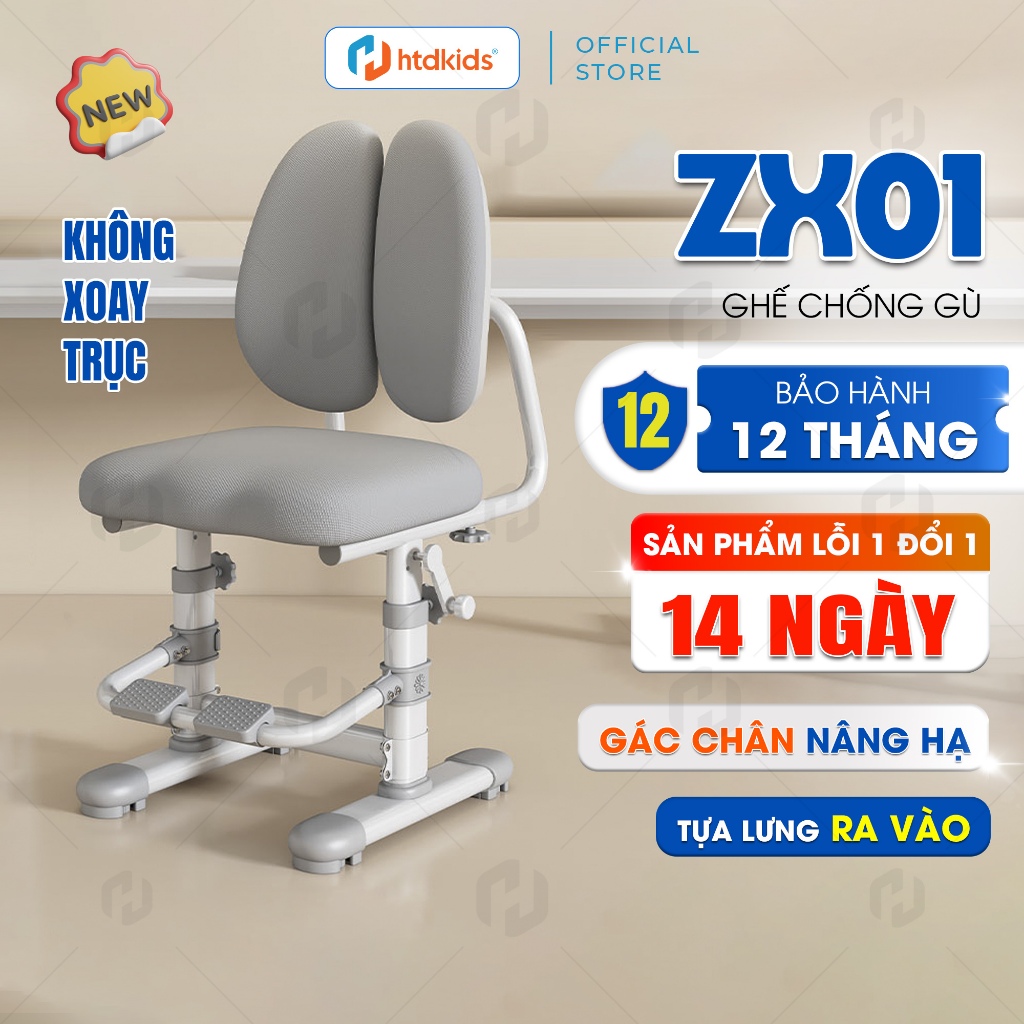 Ghế học sinh chống gù HTDkids ZX01 điều chỉnh tăng giảm chiều cao ( 46 - 58CM ), có gác chân tiện lợ