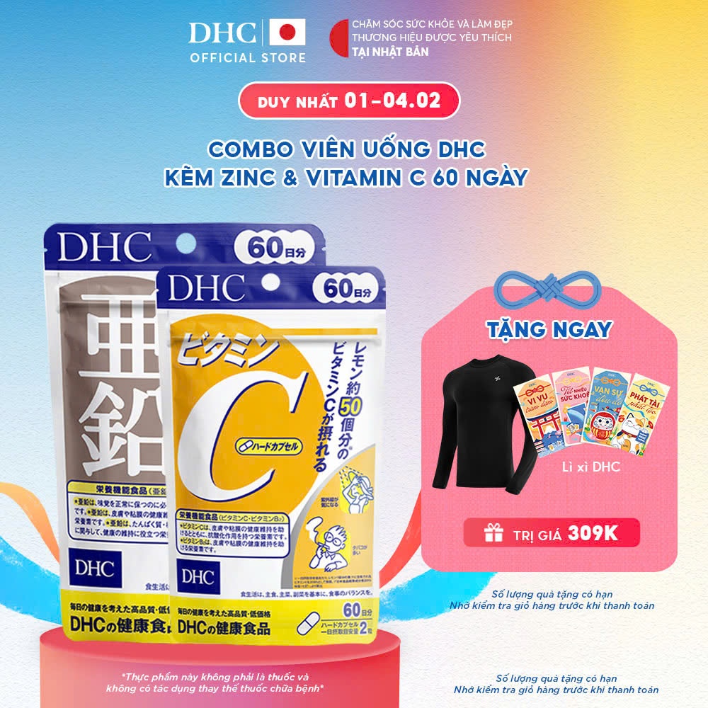 Combo Viên uống DHC Vitamin C & Kẽm hỗ trợ giảm thâm, sáng da (60 ngày)-TPBVSK DHC Vitamin C&Zinc