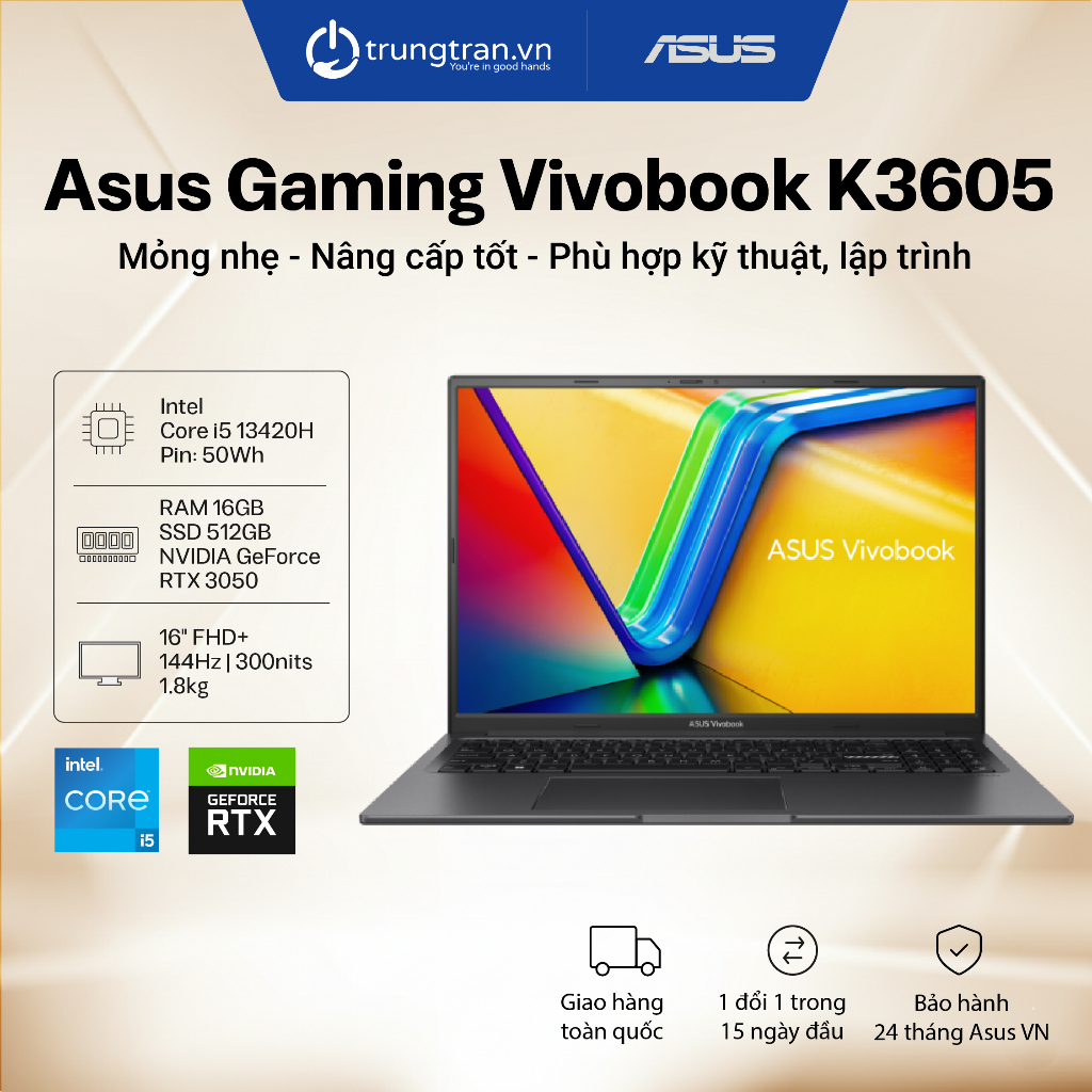 Laptop Asus Gaming Vivobook K3605VC-RP431W | i5 | 16GB | 512GB | 16" FHD+ 144Hz - Trung Trần Store