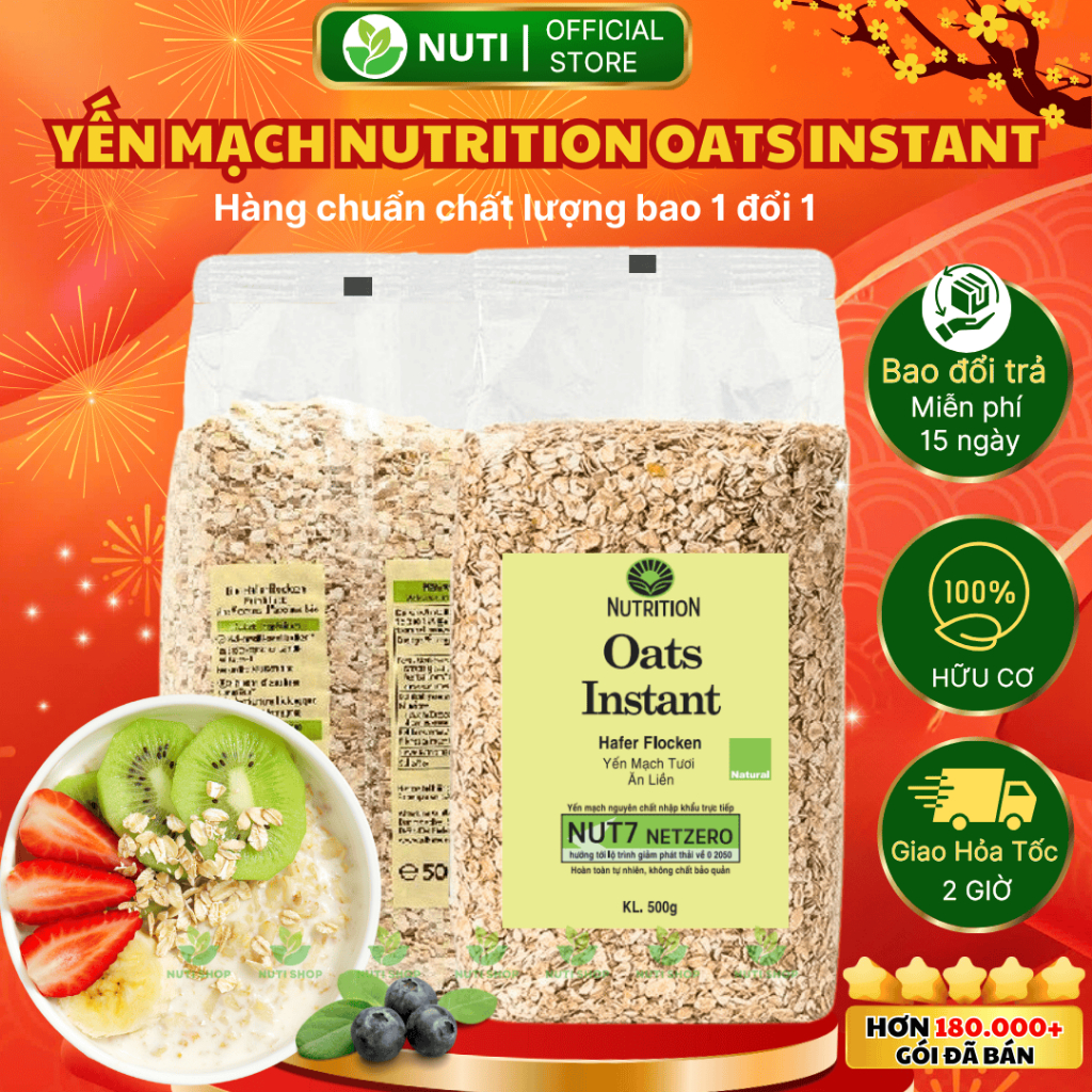 Yến mạch Nutrition Oats Instant cán dẹt cán vỡ, eatclean healthy ăn kiêng tập gym gói 500g date mới