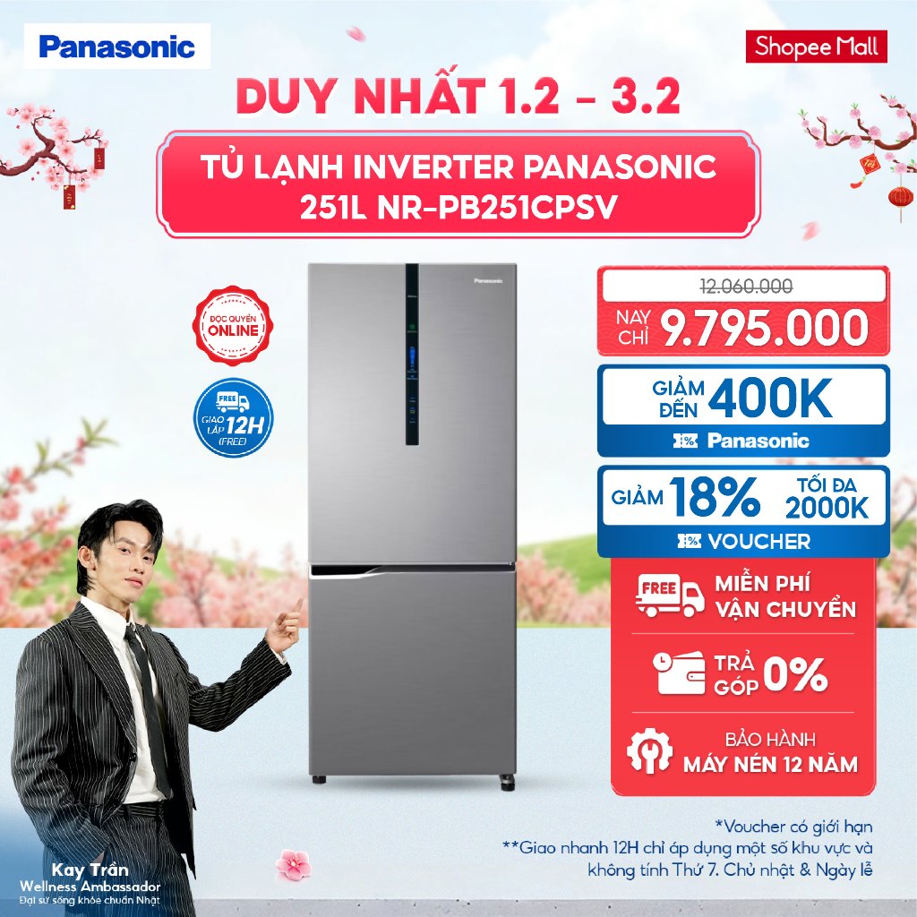 [ELPN2TR GIẢM 18% TỐI ĐA 2000K] Tủ lạnh Panasonic Inverter 251 lít NR-PB251CPSV Ngăn đông mềm Ngăn đ