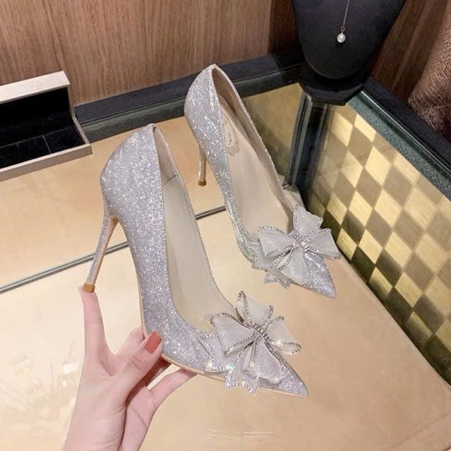 Giày cao gót dự tiệc GSC195 Giày C12 Nơ C65 cao 8cm mũi nhọn ánh kim đính nơ đá pha lê sang chảnh | BigBuy360 - bigbuy360.vn
