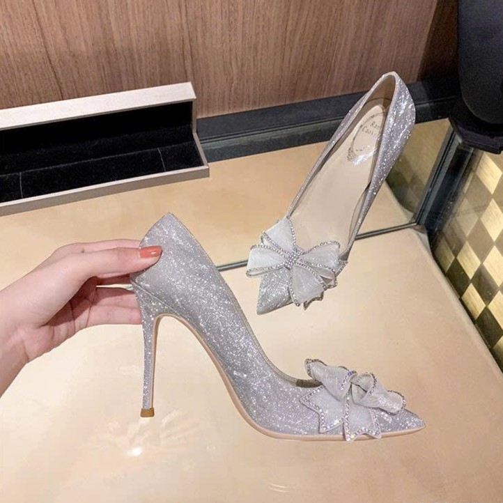 Giày cao gót dự tiệc GSC195 Giày C12 Nơ C65 cao 8cm mũi nhọn ánh kim đính nơ đá pha lê sang chảnh | BigBuy360 - bigbuy360.vn