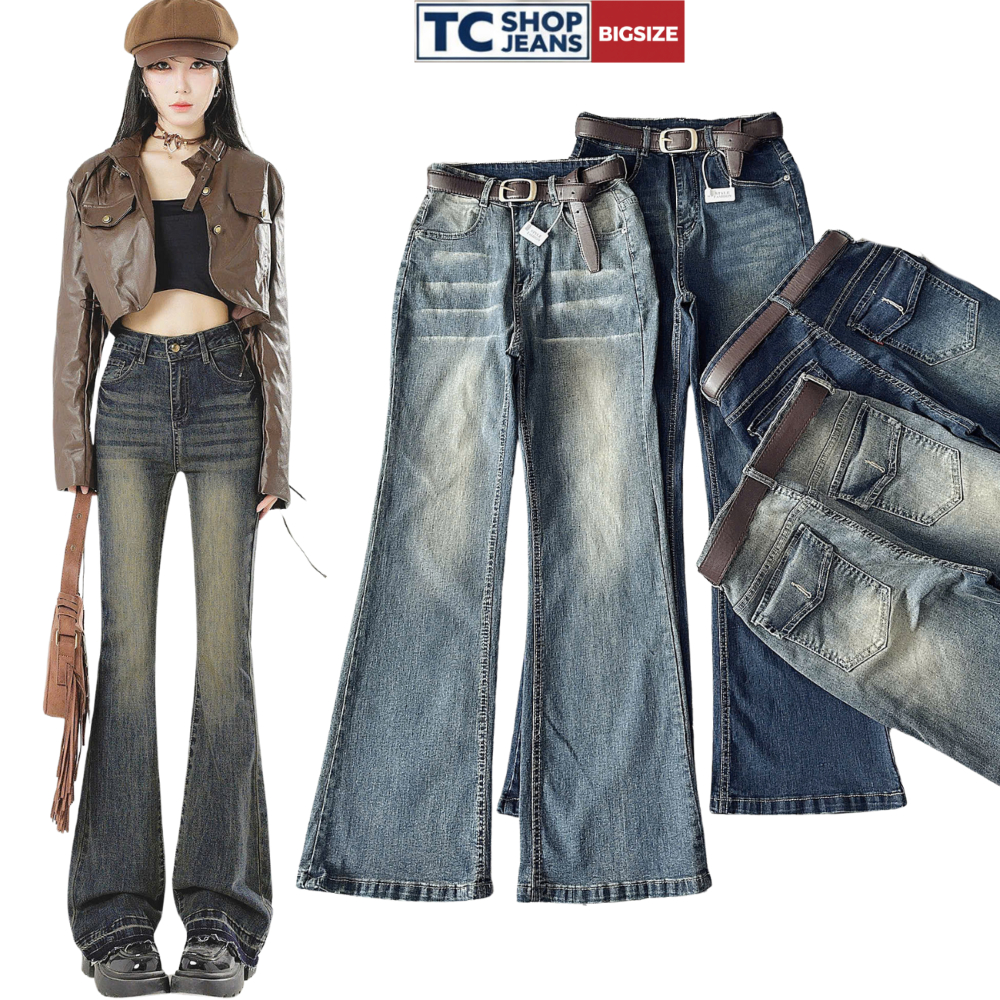 Quần jean nữ ống loe trơn basic phối túi hộp phía sau TC SHOP JEANS bigsize 55-90kg chất jean co giã