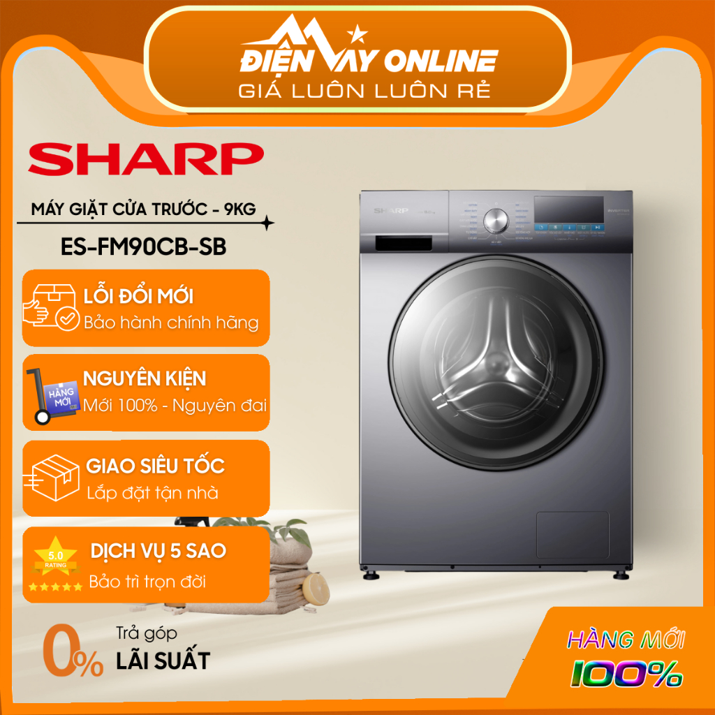[CHÍNH HÃNG] Máy giặt Lồng Ngang Sharp Inverter 9kg ES-FM90CB-SB