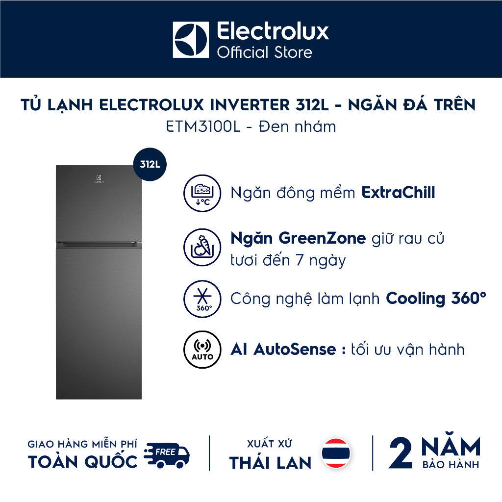Tủ lạnh Electrolux AI ngăn đá trên 312L Series 700 Đen nhám ETM3100L-B - Ngăn đông mềm, AI Autosense