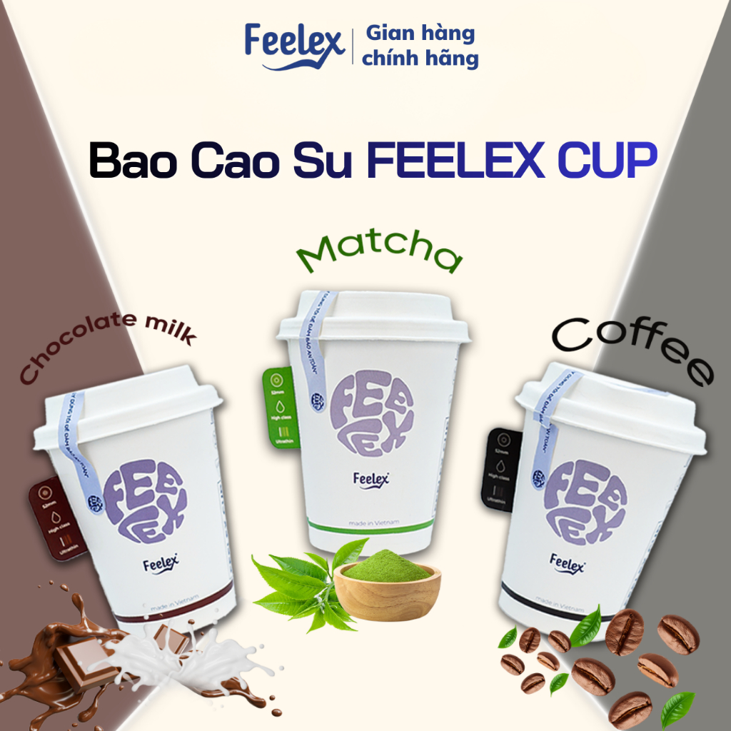 Bao cao su Feelex Cup siêu mỏng, hương Matcha, Coffe, Chocolate Milk, nhiều gel bôi trơn - hộp 10 bc