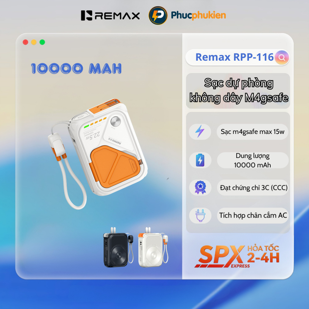 Remax RPP-116 - Sạc dự phòng không dây M4gsafe 10000mAh có dây sạc sẵn, hỗ trợ CCC - Phúc Phụ Kiện