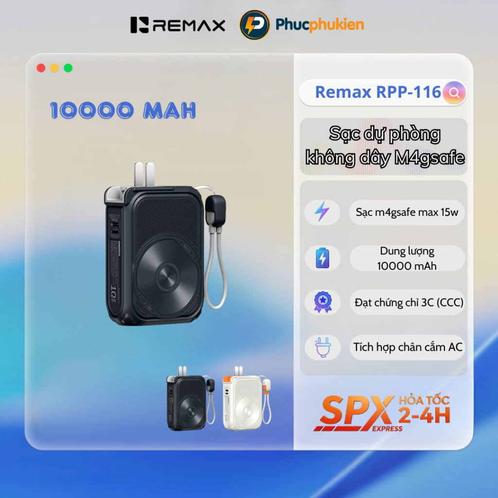 Sạc dự phòng không dây Remax RPP-116  M4gsafe 10000mAh có dây sạc sẵn, hỗ trợ CCC - Phúc Phụ Kiện