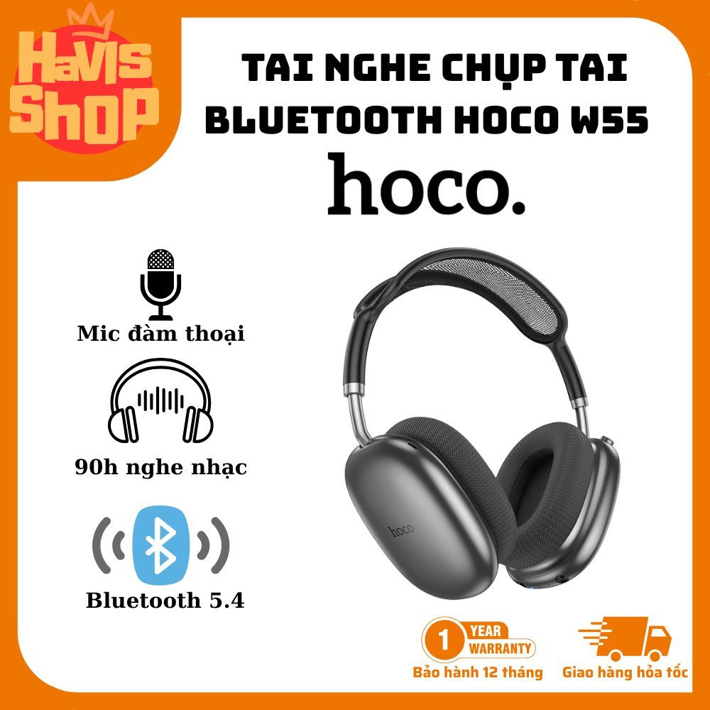 Tai nghe chụp tai Hoco W55 - Bluetooth V5.4 - Pin sử dụng 90h - Có mic đàm thoại - Hỗ trợ thẻ nhớ