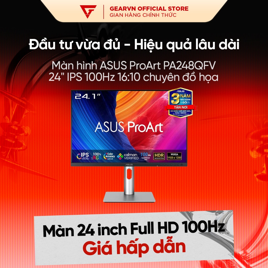 Màn Hình ASUS ProArt PA248QFV 24 inch IPS 100Hz | 16:10 WUXGA | Siêu Chuẩn màu Chuyên Đồ Họa