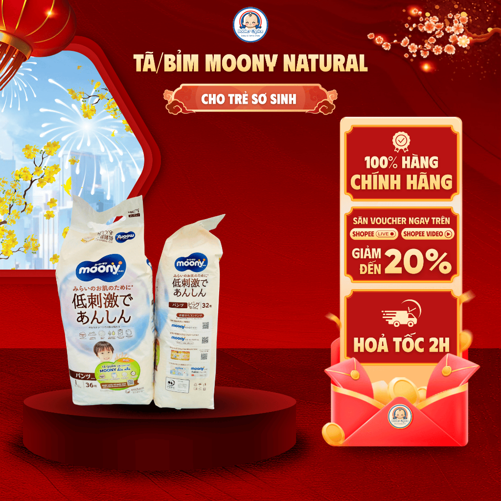 Tã Bỉm Quần MOONY NATURAL 100% Sợi Bông Thiên Nhiên Mỏng Nhẹ Bé Dễ Dàng Hoạt Động