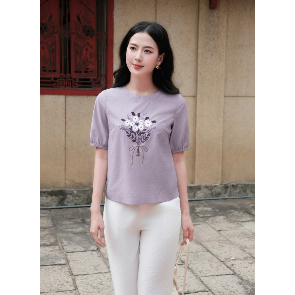 Set Bộ Áo Kiểu Nữ Thêu Hoa Chất Tơ Cao Cấp + Quần Phối Chun Phía Sau (48-65kg) - Thời Trang Thiết Kế SLINE - Qùa tặng mẹ | BigBuy360 - bigbuy360.vn