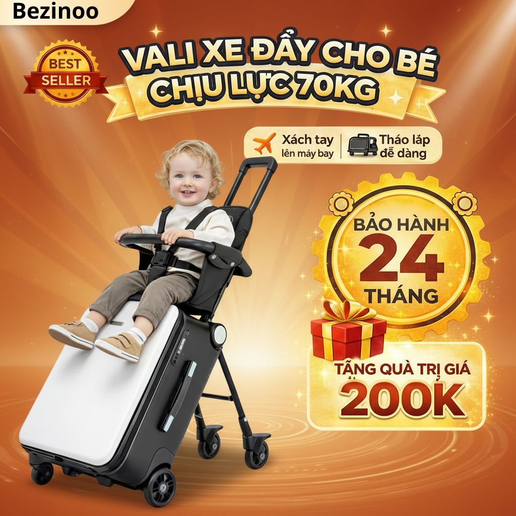 Vali xe đẩy cao cấp mẫu mới, vali du lịch kiêm xe đẩy cho bé chịu lực lên đến 60kg đầy đủ phụ kiện 5in1