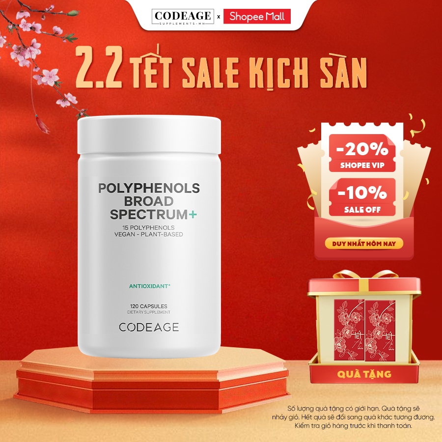 TPBVSK Viên chống nắng hỗ trợ sáng da CodeAge Polyphenols Broad Spectrum 120 viên, hỗ trợ cải thiện thâm nám sáng