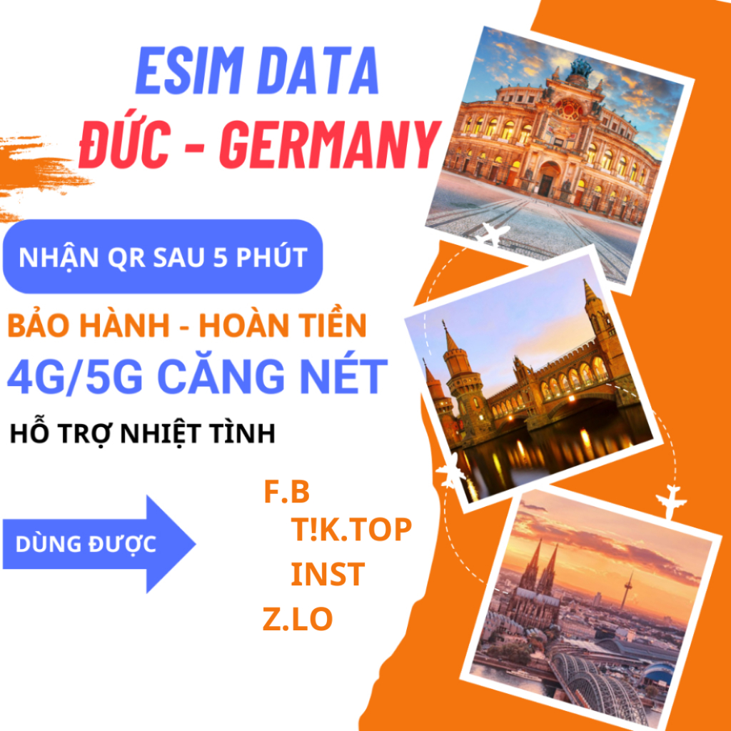 [O2/Vodafone] eSIM du lịch quốc tế ĐỨC - GERMANY, 4G tốc độ cao, 3G không giới hạn, hỗ trợ 24/24, bả