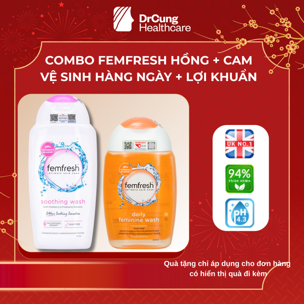 COMBO Femfresh Soothing Wash 250ml (Màu Hồng) + Femfresh Cam 150ml - Dung Dịch Vệ Sinh Phụ Nữ