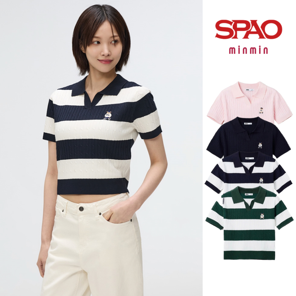 [AUTHENTIC 100%] Spao Korea áo thun len nữ ngắn tay thêu gấu cổ đức kẻ ngang chính hãng SPKWF24G51
