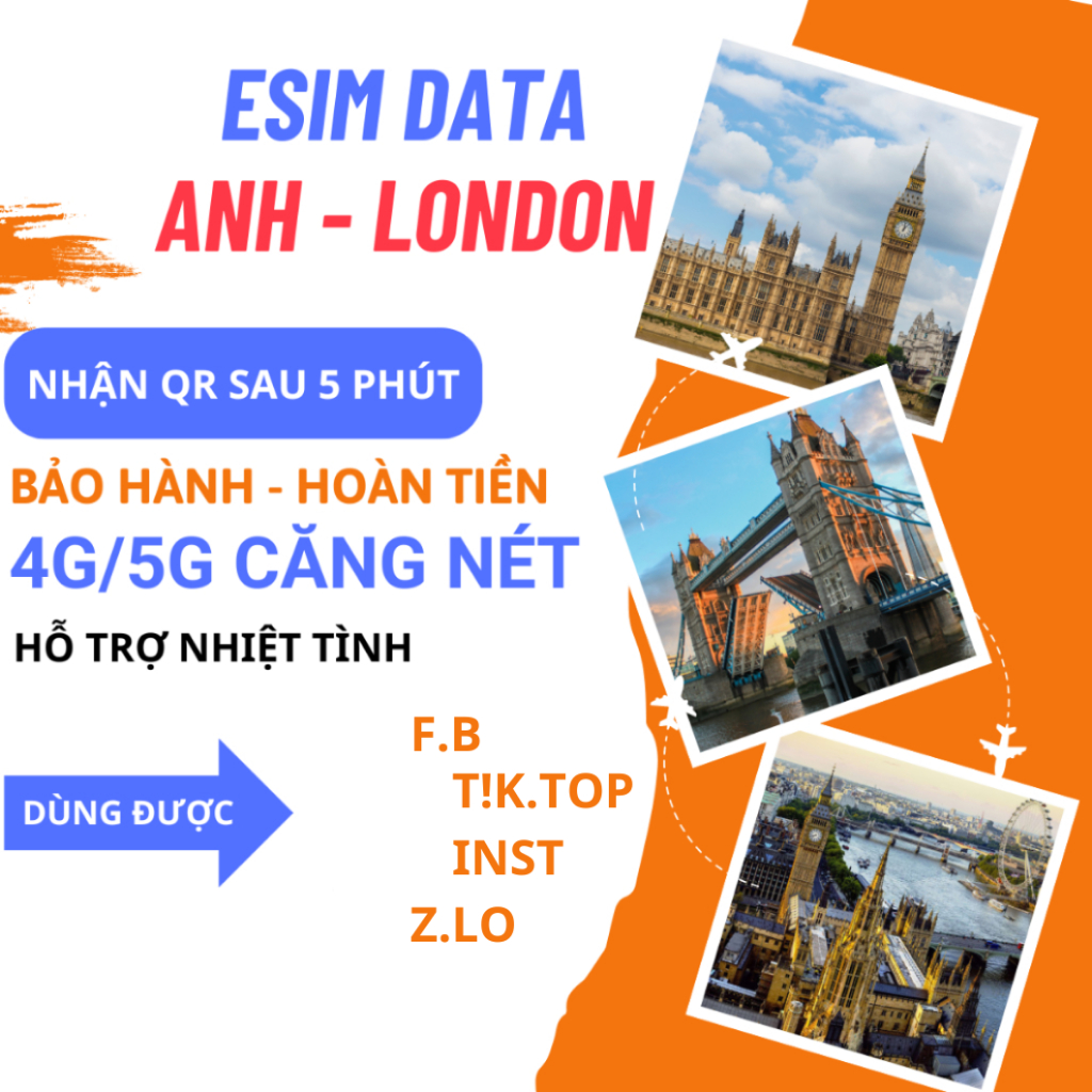 eSIM du lịch quốc tế ANH, 4G tốc độ cao, 3G không giới hạn, hỗ trợ 24/24, bảo hành 1-1, mạng O2/E /V