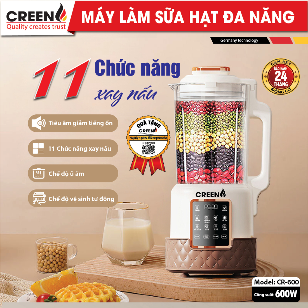 [Giảm 12% SPayLater] Máy làm sữa hạt tiêu âm cao cấp CREEN CR-600 - Bảo hành chính hãng 24 tháng