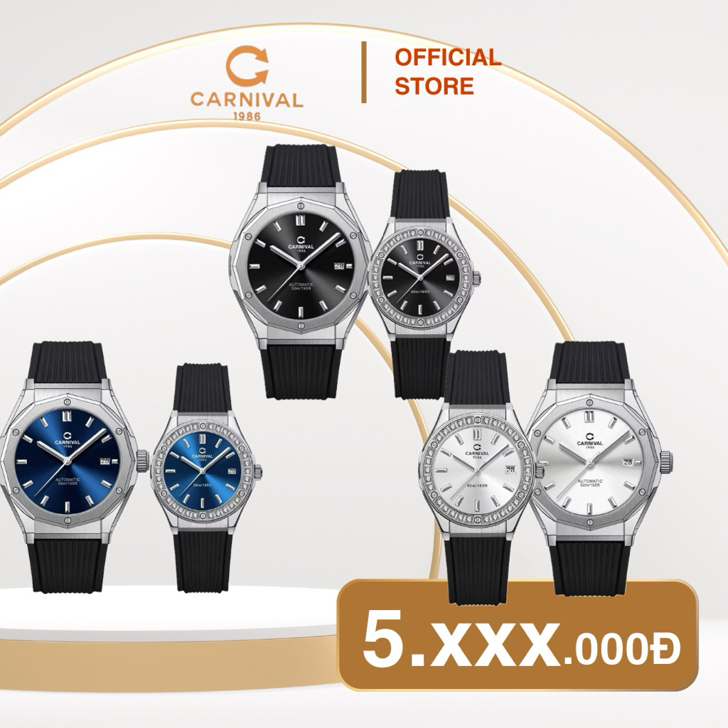 Cặp đồng hồ Carnival 8168G và 8168L2 thiết kế sáng húp lót cực trendy, nam size 42mm,nữ size 34mm,Bh 5 năm