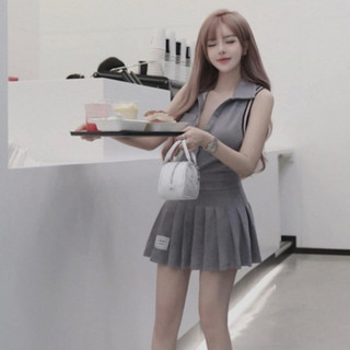 Đầm Váy Sát Nách Cổ Sơ Mi Bẻ Váy Nữ Cài Cúc Chạy Viền Sọc Phối  Chân Váy Xếp Ly Dáng Ngắn Style Basic Vintage