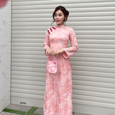 Áo dài thiết kế phom ôm tơ nhăn 2 tà kèm quần THỤC NHIÊN cam Callene (CC520)