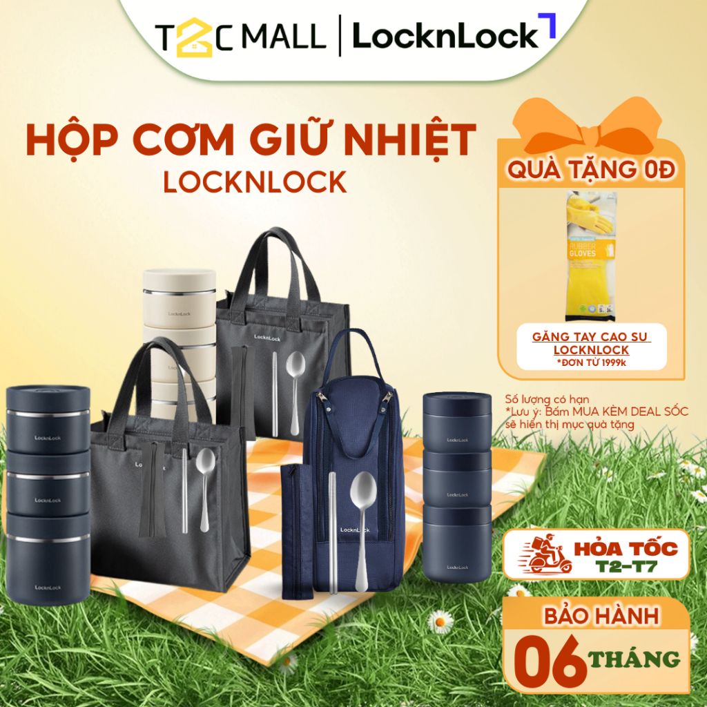 Bộ Hộp Cơm Giữ Nhiệt Văn Phòng LocknLock Lunch Box 3 Ngăn Kèm Túi Thìa Đũa LHC8052S01 T2Cmall