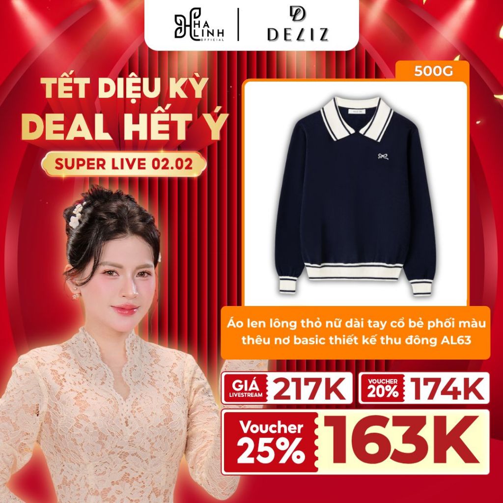 [VHL x DELIZ] Áo len lông thỏ nữ dài tay cổ bẻ thêu nơ basic thu đông cao cấp AL63 DELIZ 300G