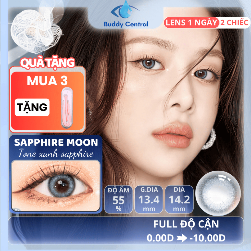 Lens 1 ngày có màu Clalen Sapphire Moon | 1 cặp | Màu xanh sapphire, DIA 14.2, G.DIA 13.4 - Buddy Ce