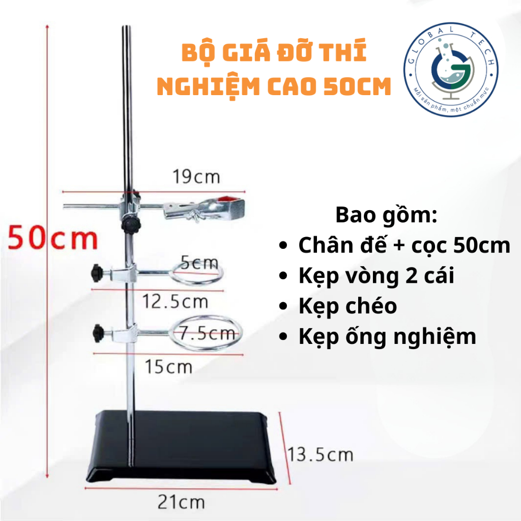Bộ Giá Đỡ Thí Nghiệm Đa Năng 40/50cm, Giá Giữ Buret, Giá Đỡ Phễu Lọc, Kẹp Buret, Kẹp Ống Nghiệm