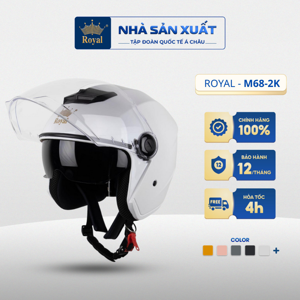 Mũ Bảo Hiểm 3/4 Royal M68 (2 Kính) Chính Hãng, Royal Helmet Kính Âm Đi Phượt