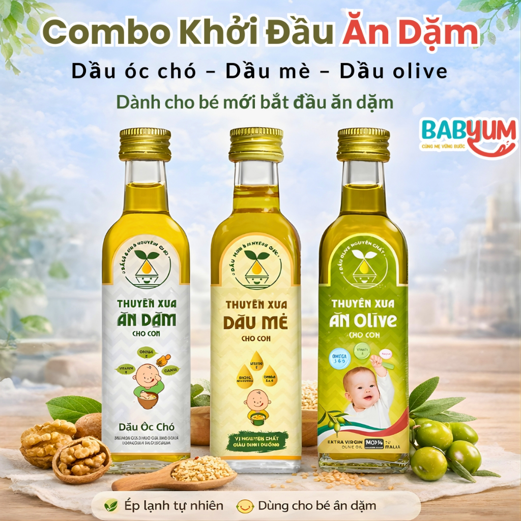 Combo dầu mè, olive, óc chó cho bé ăn dặm phù hợp cho giai đoạn ăn dặm