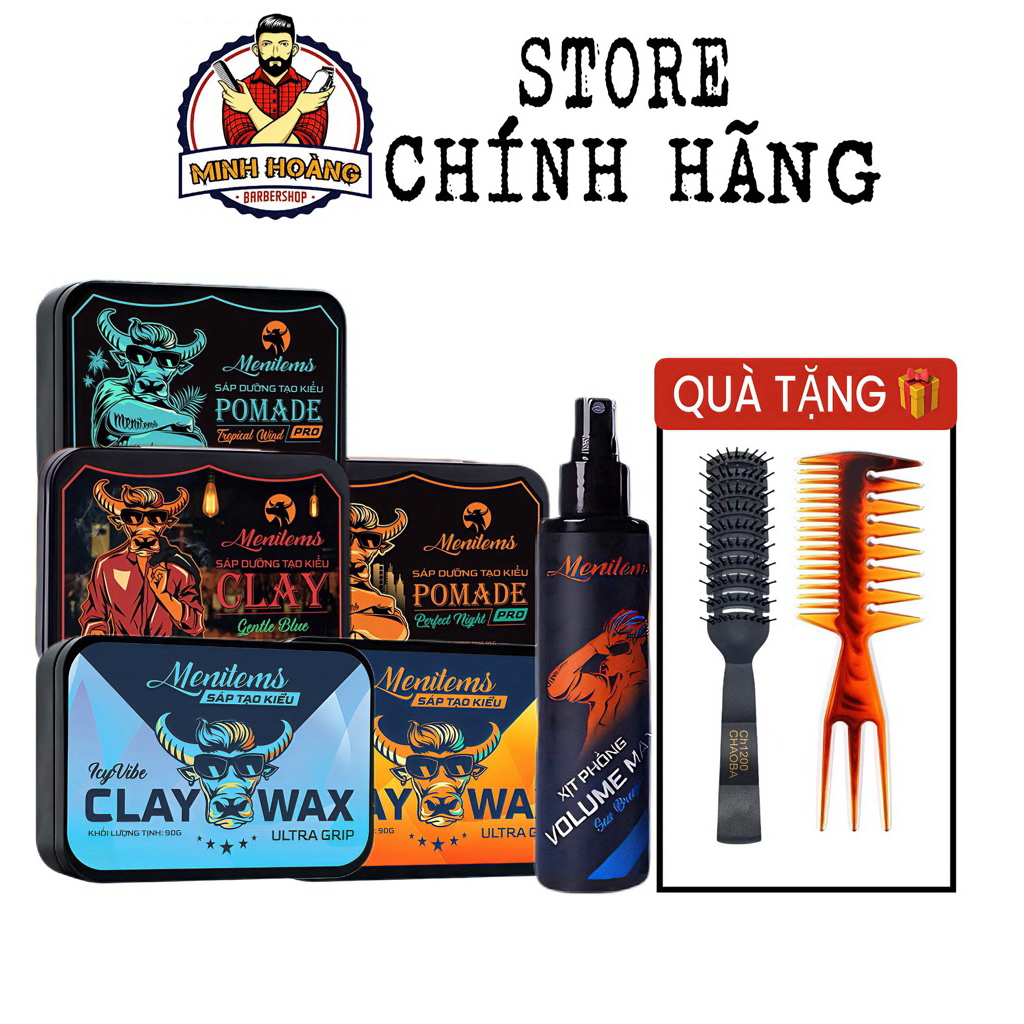 Sáp vuốt tóc Menitems Clay Gentle Blue, Menitems Pomade Tropical Wind, Menitems Clay Wax, xịt tạo ph